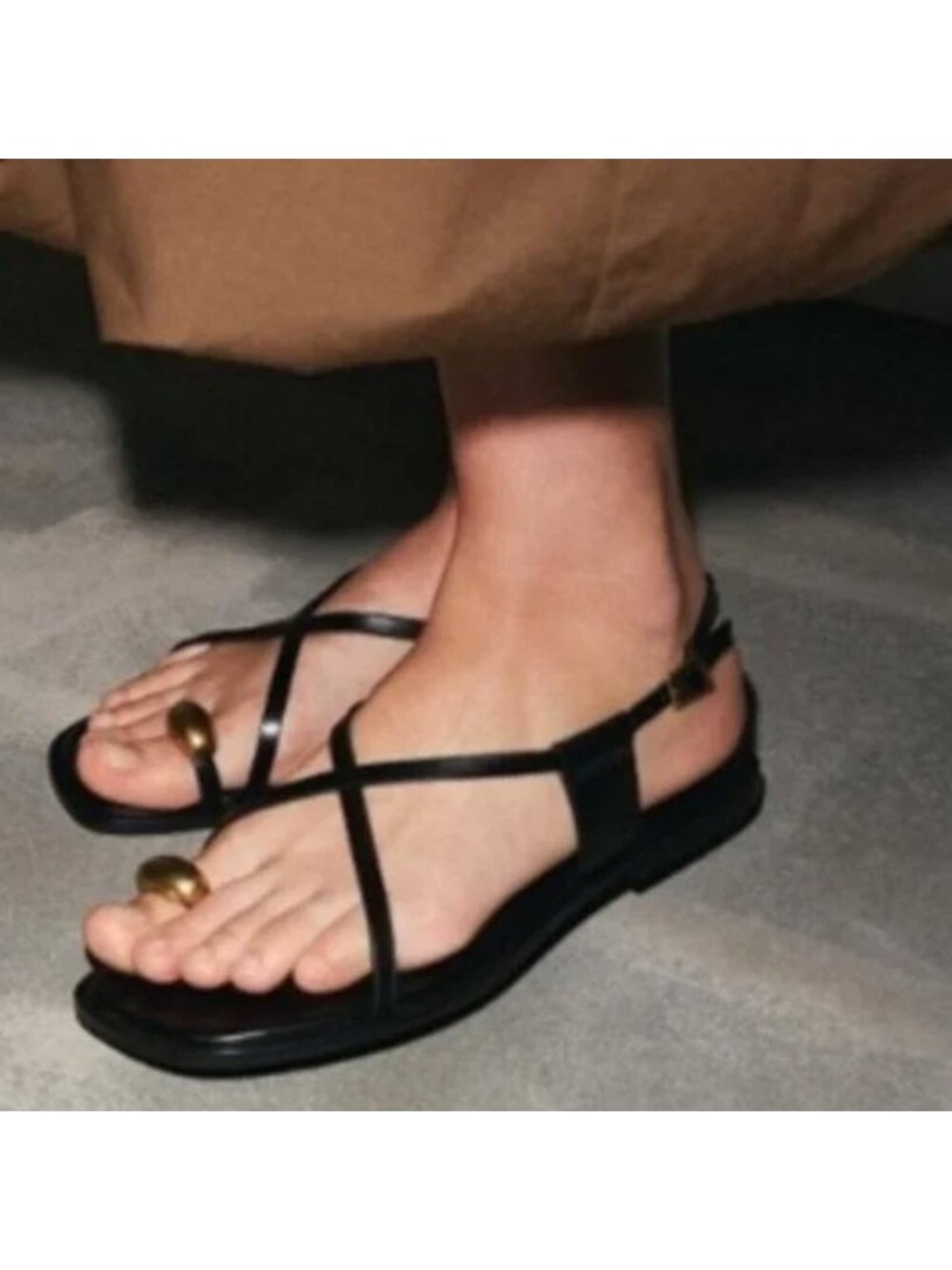 ZARA Black Leather Flat Strappy Gold Metal Toe Sandals - Picture 6 of 15